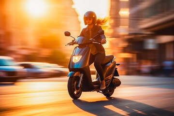 Person driving scooter in evening with blurred city lights background. Woman in helmet while riding...