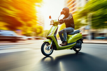 Fototapeta premium Person driving scooter in evening with blurred city lights background. Guy in helmet while riding a scooter rides around the streets.