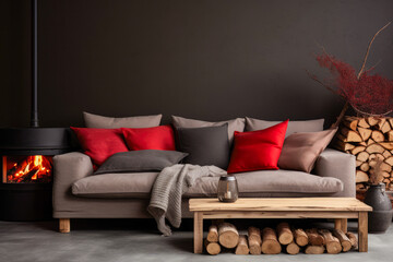 Wood log coffee table near rustic sofa with red, grey, black cushion, pillows against black stucco wall. Home interior design of modern living room with fireplace.