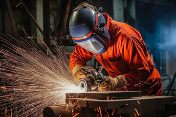 A metal and iron factory worker processing metal construction with grinder. Worker grinding in a workshop. Heavy industry factory.