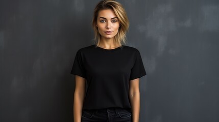 Handsome young  white  female wearing black blank cotton t-shirt with space for your logo or design, generative ai - obrazy, fototapety, plakaty
