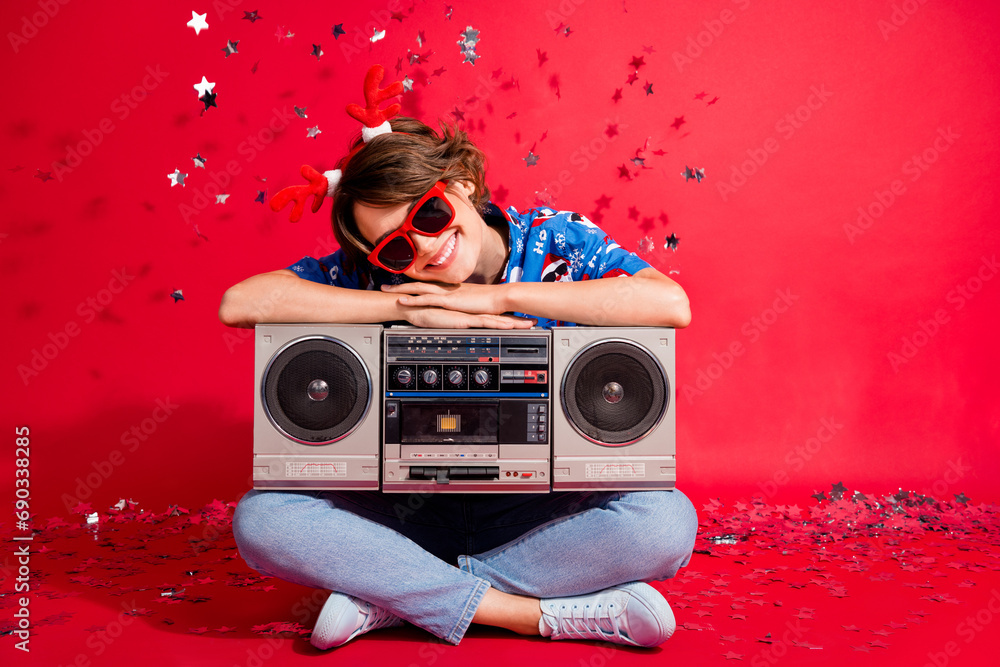 Poster full body photo of young girl folded arms over nostalgy boombox falling confetti party new year feas