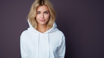 Handsome young  white  female wearing white blank cotton hoodie with space for your logo or design generative ai.