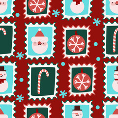 Christmas seamless pattern with postage stamps Vector illustration 4