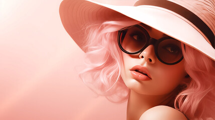 Woman wearing a straw hat and sunglasses, color of the year 2024. - obrazy, fototapety, plakaty