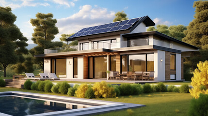 Fototapeta na wymiar Eco-Friendly Modern Living: House with Solar Panels and a Pool at Dusk