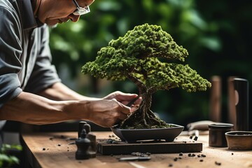 Hands pruning a bonsai tree on a work table. Gardening concept