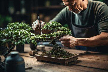 Hands pruning a bonsai tree on a work table. Gardening concept - obrazy, fototapety, plakaty