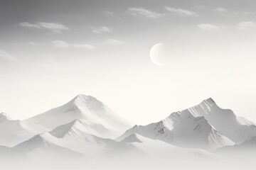 Moon over Mountains - A serene scene of a waning moon over soft monochrome mountains, evoking quiet contemplation and the beauty of the natural world.

