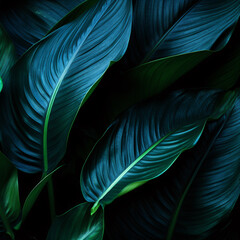 A tropical Spathiphyllum cannifolium plant with bright blue-green leaves is the focus of this macro shot with a dark forest background.