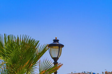 Fototapeta na wymiar Street light lantern and palm fronds on gradient clear blue sky background, walking outdoors on summer day