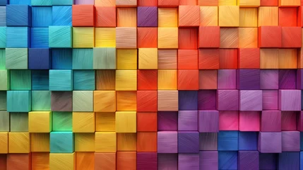 Gordijnen Rainbow-colored 3D wooden square cubes create a textured wall background. © crazyass