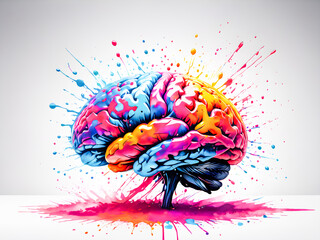 Colorful human brain with paint splashes on grey background illustration.