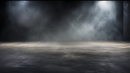Explore the cinematic setting of an empty studio dark room, with a grunge texture floor basking in the glow of spot lighting, while a subtle mist adds depth to the background. - obrazy, fototapety, plakaty