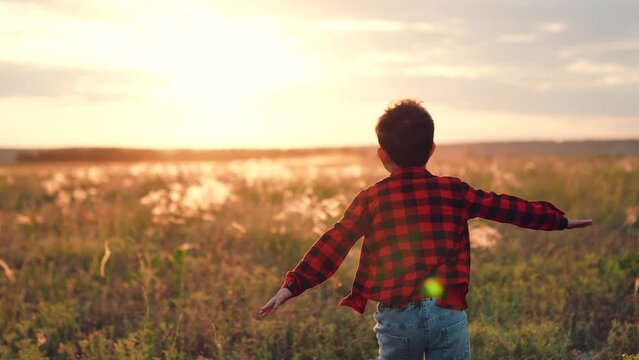 Positive boy runs along field with growing plants at sunset in autumn evening. Boy runs imitating flight with arms out to sides in rural nature with agriculture. Boy feels freedom running