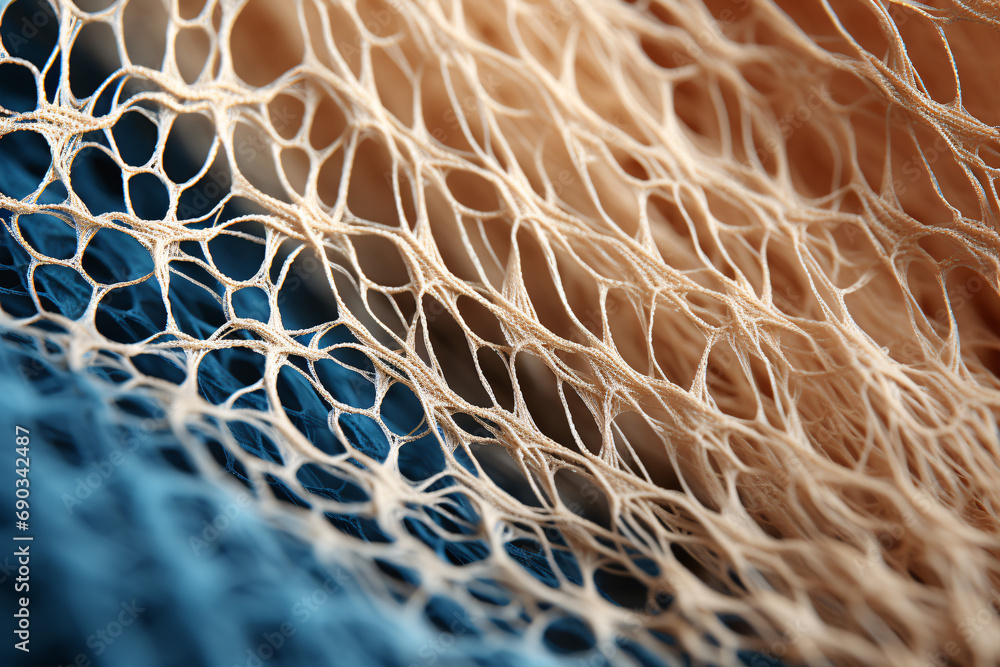 Wall mural a net of tan and azure cords fabric macro close-up.