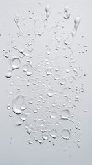 transparent water drops sprayed on white wall in the middles, there is some small and big particles created with Generative Ai