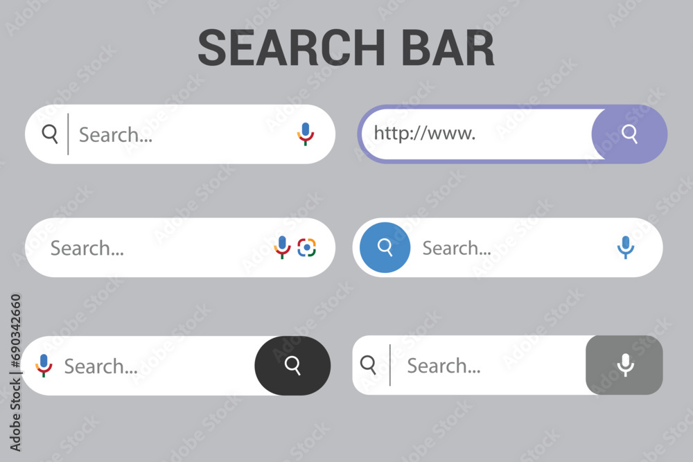 Poster search bar for ui design. set of 6 elements for design interface of website. search form with naviga