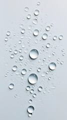 transparent water drops sprayed on white wall in the middles, there is some small and big particles created with Generative Ai