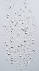 transparent water drops sprayed on white wall in the middles, there is some small and big particles created with Generative Ai