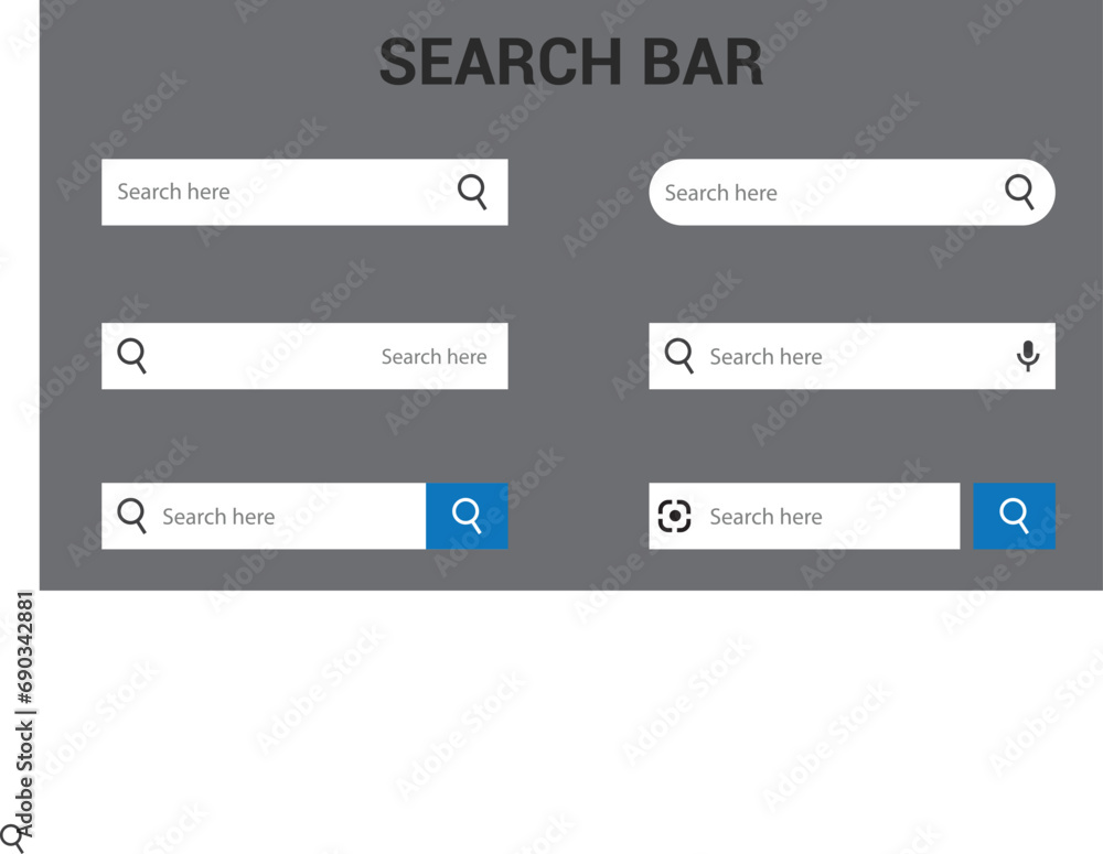 Poster search bar for ui design icon and web site set of 6. search address bar icon. collection of search f
