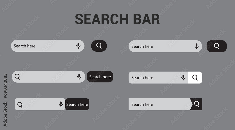 Poster search bar for ui design icon and web site set of 6. search address bar icon. collection of search f