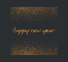 golden happy new year text and dots on black background