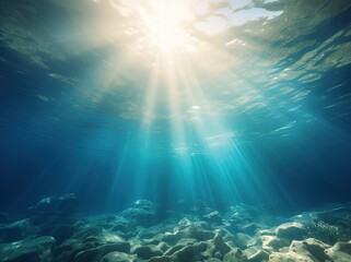 Shining sun rays in sea underwater with rocky bottom, water surface with sun glare and rays of light underwater background image Generative AI