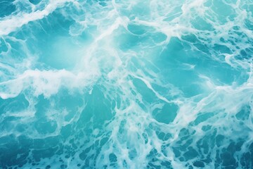 Top view of blue foamy sea surface, open sea from above, seething turquoise waves top shot ocean texture, background image Generative AI