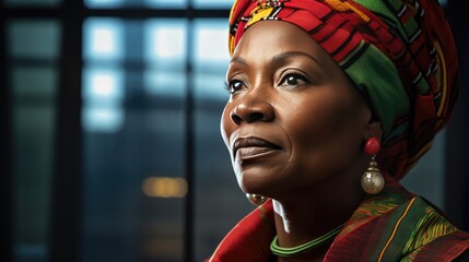 African mature woman in traditional clothes portrait. Senior adult black lady traditionally dressed in colorful clothing and head wrap. Black History Month concept.. - obrazy, fototapety, plakaty
