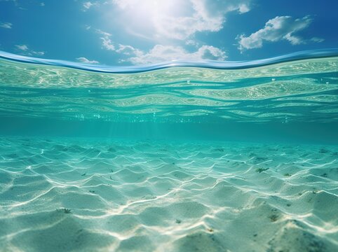 Underwater sea level split image, sandy bottom and turquoise clear water with sun glare and blue sky with clouds summer landscape Generative AI