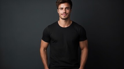 Handsome young  white  male wearing black blank cotton t-shirt with space for your logo or design generative ai