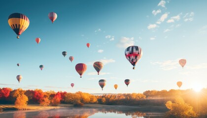 Fototapeta premium Hot Air Balloons Flying Over a Scenic Lake