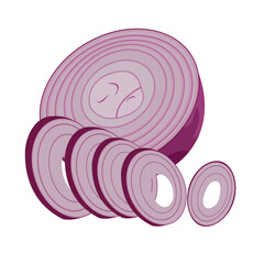 Half and sliced red onions isolated on white background Vector cartoon illustration