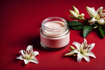 Fototapeta na wymiar Jar of white cream with lily flowers on red background. Cosmetic moisturizer. Copy space. Advertising banner. Natural skincare. Fresh lotion