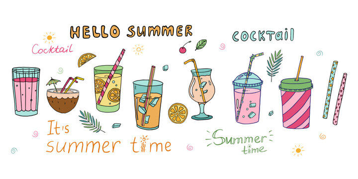 Colorful doodle set with cocktails collection, alcoholic and non-alcoholic summer drinks with ice cubes, fruits, drinking straws and text. Great for bar menu design, packaging, banners or advertising.
