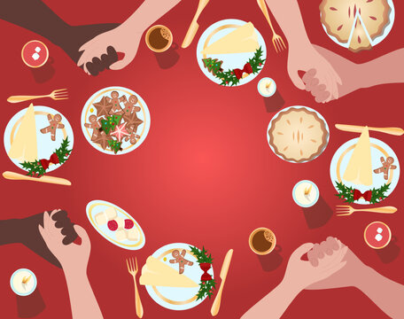 Christmas dinner vector illustration diverce family hold hands before Xmas meal. Christmas template with family dinner 