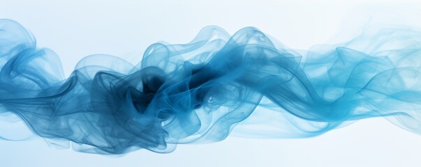 Whisps of blue smoke elegantly swirl against a pure white background photographed in slow motion—the harm of smoking. Dark ink spilled in the water. Presentation. Ultra-wide panoramic banner