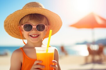 smiling little boy with orange juice soft summer beach background. vitamins and healthy lifestyle - obrazy, fototapety, plakaty