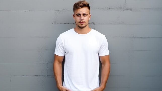 Handsome young  white  male wearing white blank cotton t-shirt with space for your logo or design generative, generative ai, ai
