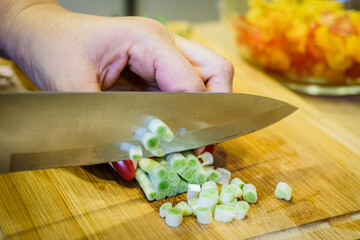 A woman cuts fresh spring onions on a cutting board. Cooking.