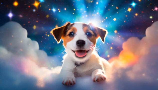 chien chiot Jack Russell souriant allongé nuages ciel étoiles paradisiaque