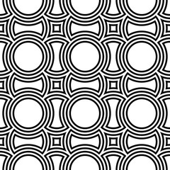 Black figures background. Circles and squares texture. Ethnic motif. Seamless surface pattern design with circular embroidery ornament. Digital paper with rings for textile print, web designing.