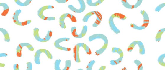 Seamless abstract geometric pattern. Simple background blue, orange, green and white texture. Arcs. Digital brush strokes. Design for textile fabrics, wrapping paper, background, wallpaper, cover.