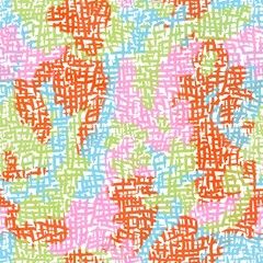Fototapeta premium Seamless abstract pattern. Simple background with orange, blue, pink, green, white texture. Digital brush strokes background. Design for textile fabrics, wrapping paper, background, wallpaper, cover.