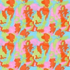 Seamless abstract textured pattern. Orange, blue, green, pink. Digital brush strokes background. Designed for textile fabrics, wrapping paper, background, wallpaper, cover.