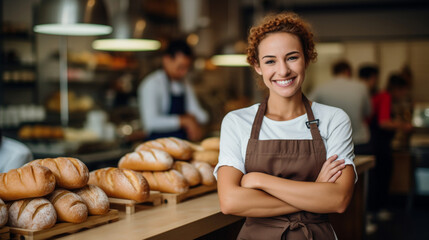 Photograph of a young girl, smiling, wearing an apron, arms crossed in her bread business, bakery