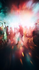 Fototapeta premium People at a concert in smoke raising their hands. Blurred background and movements. Energetic music party. Live music and fun. Concept of celebration, lively crowd, madness. Vertical banner