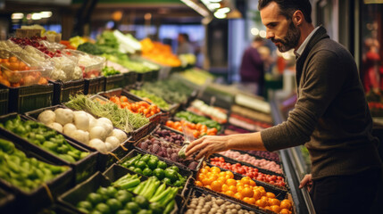 Vibrant market scene with people carefully selecting fresh, organic vegetables, ensuring a colorful...