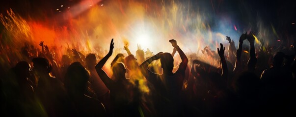 People at a concert in smoke raising their hands. Blurred background and movements. Energetic music party. Live music and fun. Concept of celebration, lively crowd, madness. Panoramic banner - obrazy, fototapety, plakaty
